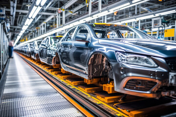 View on a car assembly line in factory. Shallow depth of field, selective focus