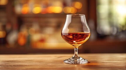 Wall Mural -  a close up of a glass of alcohol on a wooden table with a blurry background of liquor bottles and a bar in the backgroup of the room.