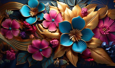 Wall Mural - Cartoon fantasy illustration in the style of meticulous fantasy and sense of awe, tropical flowers, gold, azure and magenta. vivid 3D. Generative Ai

