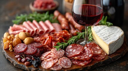 Canvas Print -  a close up of a plate of food with a glass of wine and a wine glass on the side of the plate and a bottle of wine in the background.