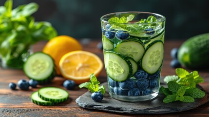 Poster -  a glass of water with cucumbers, lemons, blueberries, and mint on a wooden table next to sliced cucumbers and lemons and mints.