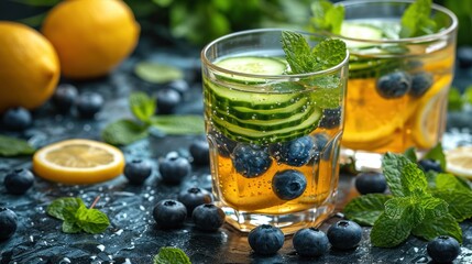 Poster -  two glasses of lemonade, cucumber, blueberries, and mint on a table with lemons and mints on the other side of the glasses.