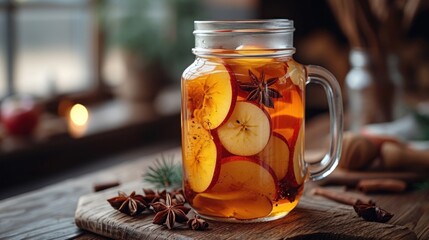 Sticker -  a mason jar filled with apple slices and cinnamon on top of a wooden cutting board next to an assortment of cinnamons and star anise on a wooden table.