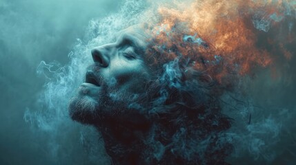  a man with long hair and a beard with smoke coming out of his face in the middle of a blue, green, and orange smoke cloud filled sky background.