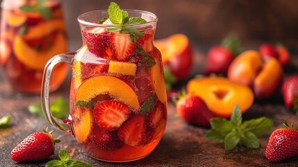 Canvas Print -  a pitcher filled with fruit and garnish next to a pile of strawberries and peaches on a table next to a pile of strawberries and mint leaves.