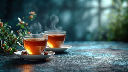 Wall Mural -  two cups of tea sitting on top of a table next to a plate with a cup of tea on top of it and smoke coming out of the top of the cups.