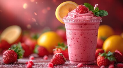 Wall Mural -  a pink smoothie with strawberries and a lemon slice on a table surrounded by oranges and raspberries on a red background with a splash of light.