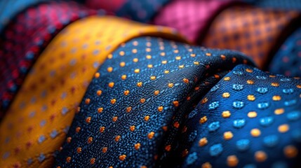 Canvas Print -  a close up of a blue tie with orange and blue dots on it and a yellow tie with orange dots on it and a blue tie with orange dots on it.