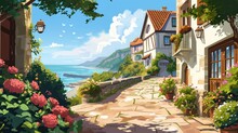  A Painting Of A Cobblestone Road Leading To A House With A View Of The Ocean And A Cliff On The Other Side Of The Road, With Pink Flowers In The Foreground.