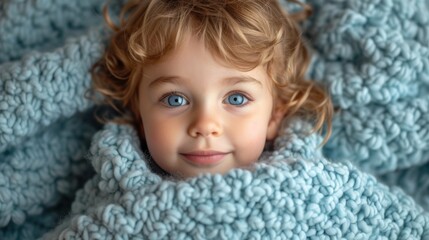 Wall Mural -  a close up of a child's face with blue eyes and curly hair, wrapped in a blanket, looking directly into the camera with a smile on her face.