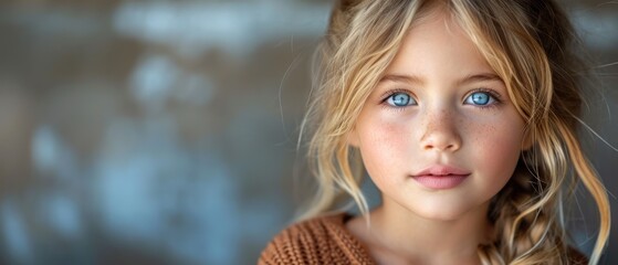 Sticker -  a close up of a young girl with blue eyes and blonde hair, wearing a brown sweater and looking directly into the camera with a serious look on her face.