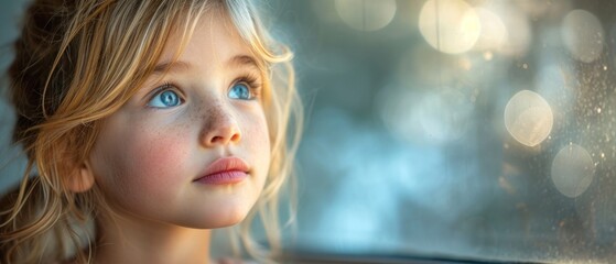  a close up of a child with blue eyes looking out of a window with rain falling on the window and a blurry boke of lights in the background.