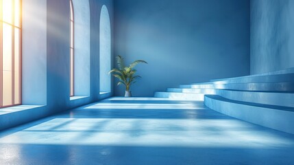 Wall Mural -  a plant in a pot sitting on a set of stairs in a blue room with sunlight coming through the windows and a bright light coming from a window on the floor.