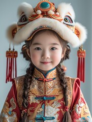 Sticker - A Chinese cute girl with a dancing lion on head. Generative AI.