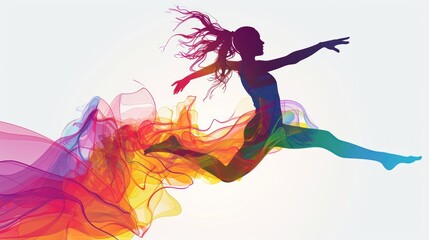 Poster -  a woman is flying through the air with a colorful dress in front of her and her hair blowing in the wind in front of a white background with a blue sky.