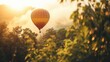  a hot air balloon flying over a lush green forest under a cloudy sky with the sun shining down on the trees and the fog in the distance is the foreground.