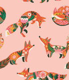 Fototapeta  - Seamless pattern with sweet red foxes and flowers in folk style 