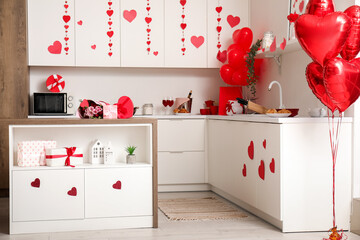 Sticker - Interior of modern kitchen with decorations for Valentine's Day celebration