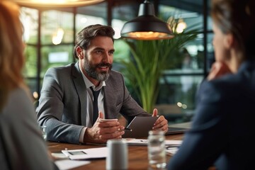 A financial advisor meeting with clients in an office, discussing finances, mortgages, and investing strategies. Reflects personal financial management and advisory services, Generative AI