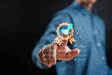 Leinwandbilder - Quality Certificate and Checklist and analyst target marketing planning assignment with quality management. Standardization, certification. Compliance to regulations service and standards.
