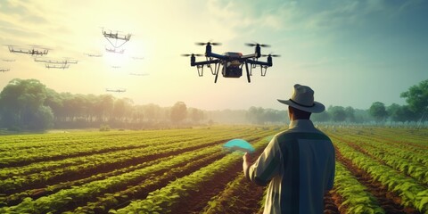 Wall Mural - Futuristic technology trend in smart farm agriculture concept. Farmer use ai drone to monitor prediction forecast check the health of plant field