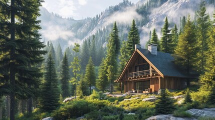  a painting of a cabin in the middle of a forest with a mountain in the back ground and trees in the foreground, and fog in the foreground.