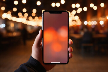 Male hand holds a phone with a blank screen on the background of the night city
