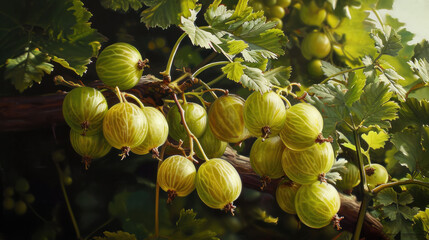  a close up of a bunch of green fruit hanging from a tree branch with green leaves and green fruit hanging from it's branches, on a sunny day.