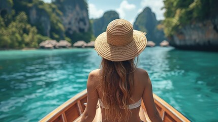 Wall Mural - A woman with straw hat on a boat outside an island resort in southern Thailand. Generative AI.