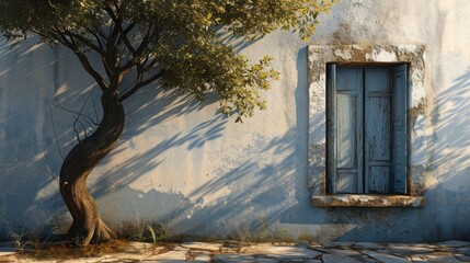  a tree in front of a building with a window and a tree in front of a building with a window and a tree in front of a building with a shadow.