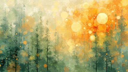 Canvas Print -  a painting of a forest filled with lots of green and yellow trees with lots of yellow and white dots on the top of the tops of the tops of the trees.