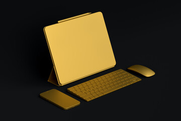 Poster - Computer tablet with keyboard, mouse and phone isolated on blue background.