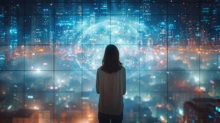 Wall Mural - A woman is looking at a huge hi tech poster. Generative AI.