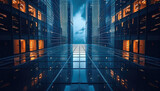 Fototapeta Londyn - Modern office buildings with vertical architectural lines at night dark sky Generative AI.
