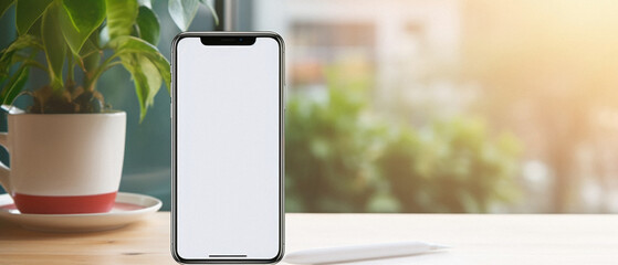 Mockup image of smartphone with blank white screen on wooden table in cafe