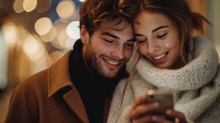 Poster - A happy couple looking at a mobile phone. Generative AI.