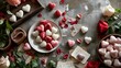  a plate of heart shaped marshmallows on a table next to a bowl of rose petals and a box of love notes with a note on the table.