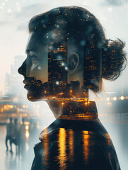 Aufkleber - Double exposure of digital identity, Airport, Silhouette, Cosmic, Futuristic. Generative AI.
