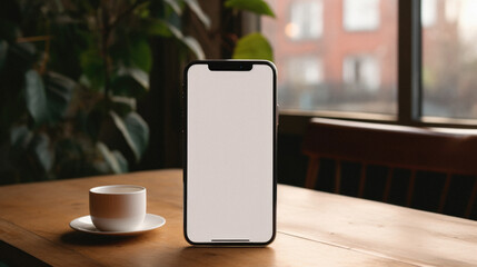 Mockup smartphone with blank screen and coffee cup on wooden table in cafe