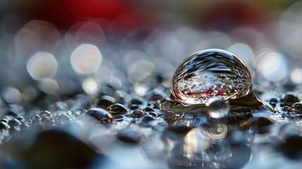 Wall Mural - a close up of a drop of water on a surface of water with a red dot in the middle of the drop and a r