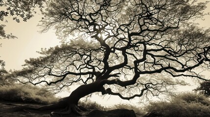   a black and white photo of a tree with no leaves and a rock in the foreground with the sun shining through the branches of the tree to the sky.