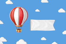 Vintage Hot Air Balloon With Blank Ribbon. 3d Red White Balloon In The Sky With A Banner. Cartoon Vector