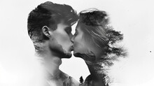 Double Exposure Profile Portrait Of A Man And A Woman Kissing, Adorned With Photographs And Memories. Poster, Collage, Art.