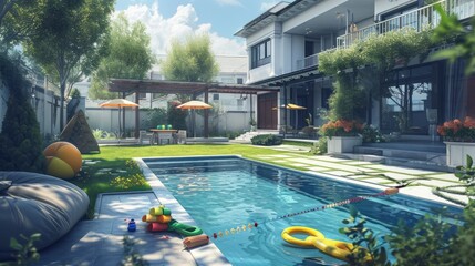 Poster - Courtyard pool of a suburban house, family-friendly design, pool toys, green lawn, detailed and inviting illustration --ar 16:9 --v 6 Job ID: 4d831df2-c6c0-4640-9fd2-2904a7861895 Generative AI