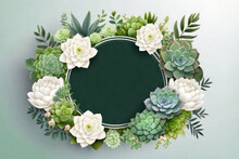 Green Background With Spring Floral Succulents With Round Frame. Design