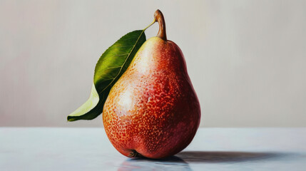  a painting of a pear with a green leaf on the tip of it's head, sitting on a white surface, with a light gray wall in the background.