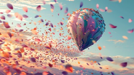 Wall Mural -  a colorful hot air balloon flying through a blue sky with confetti falling out of it's wings and a blue sky background with white clouds and pink and blue sky.