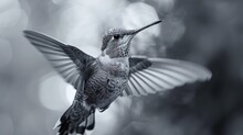  A Black And White Photo Of A Hummingbird Flapping It's Wings To Look Like It Has Just Taken Off Of A Tree With Its Wings Spread Out.