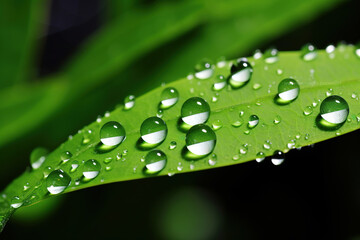  water drops on green leaf. Generative Ai
