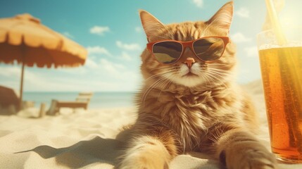  Portrait of a cat in sunglasses, which lies on a sandy beach and drinks a cocktail from a glass with a straw